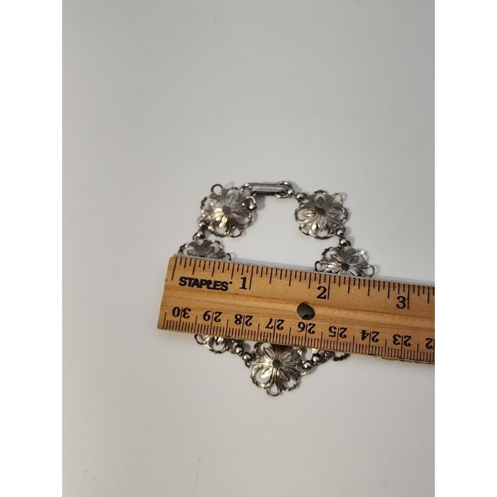 Vintage‎ Silver Tone Round Flowers Link 7" Bracelet - Picture 6 of 7